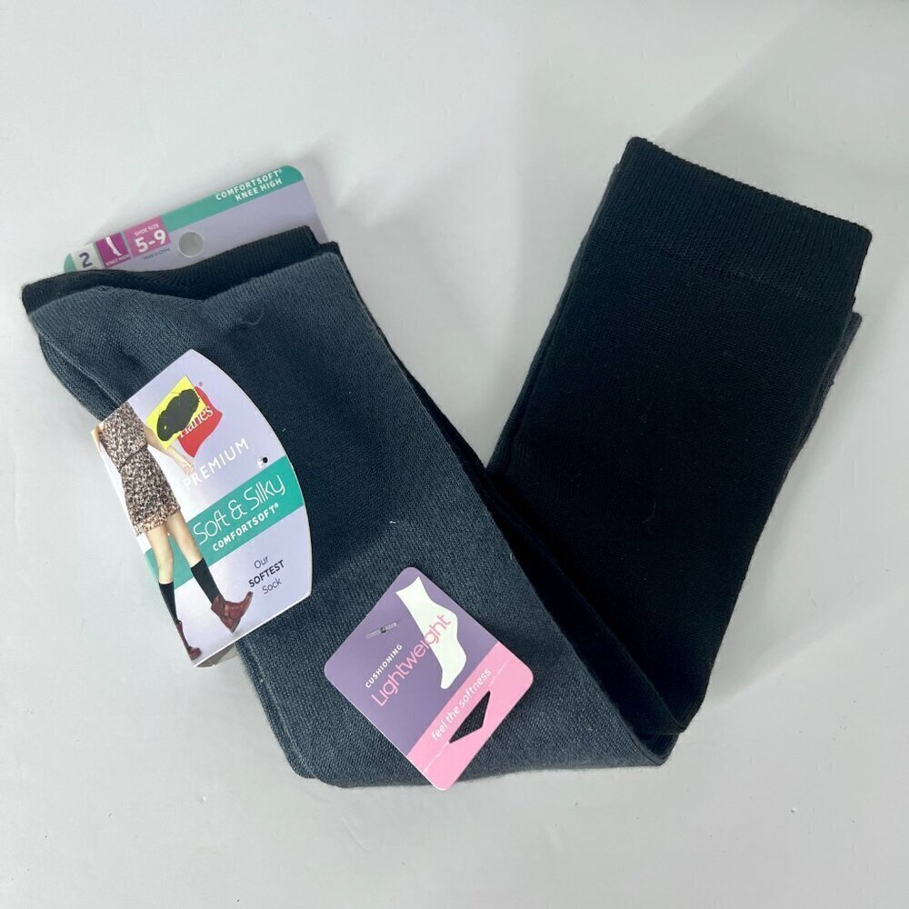 NWT 2 Pack Hanes‎ Premium Soft & Silky Comfortsoft Socks in Black / Gray Sz 5-9